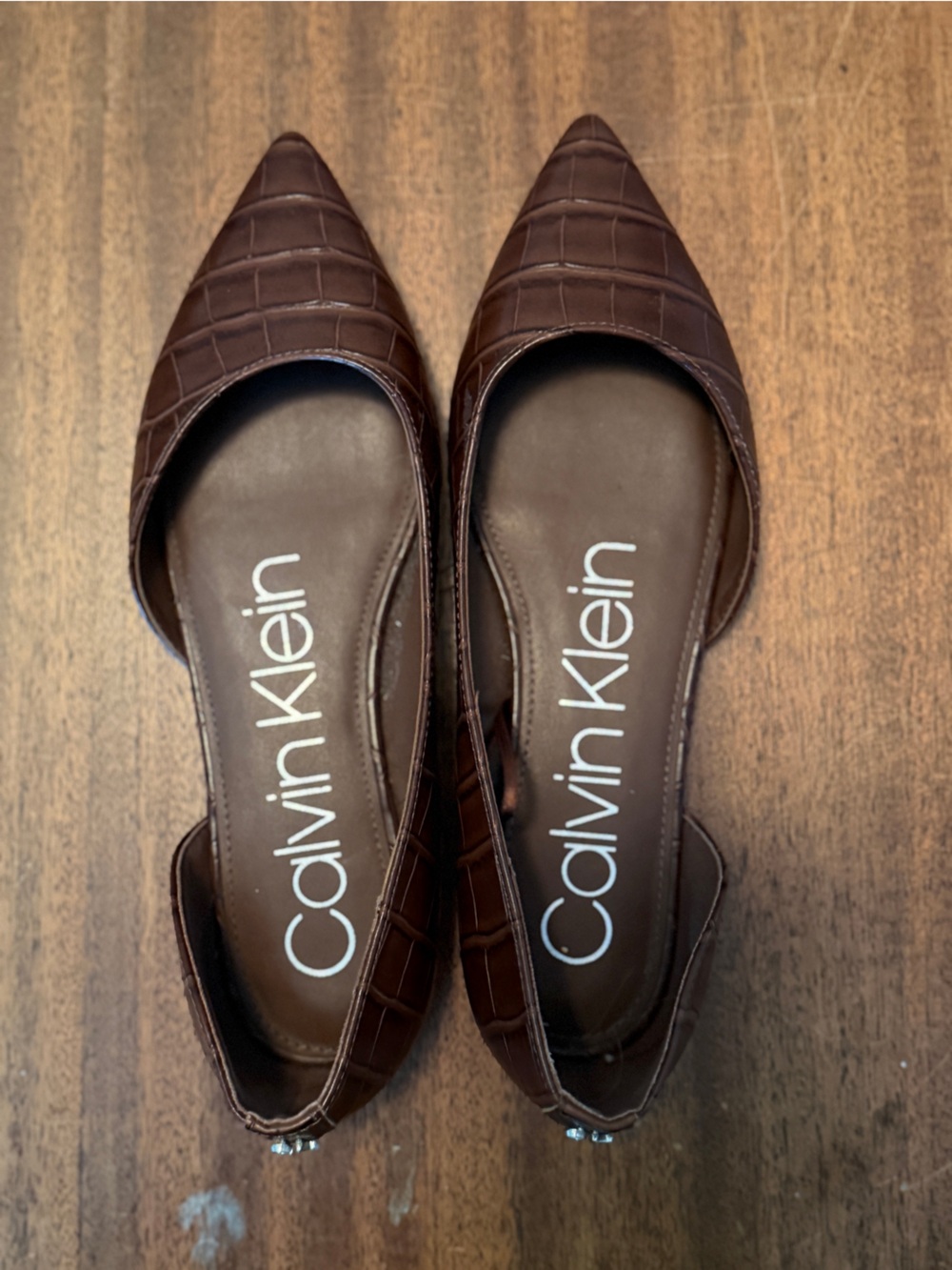 Calvin Klein Brown Croc-Embossed Pointed Toe Flats